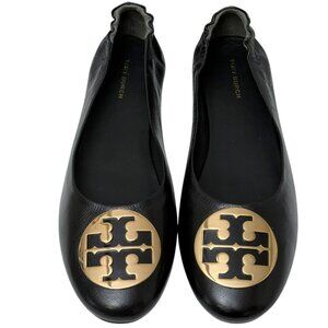 Tory Burch Ballet Flats Size 9 Black Leather Gold Logo Womens Shoes Claire